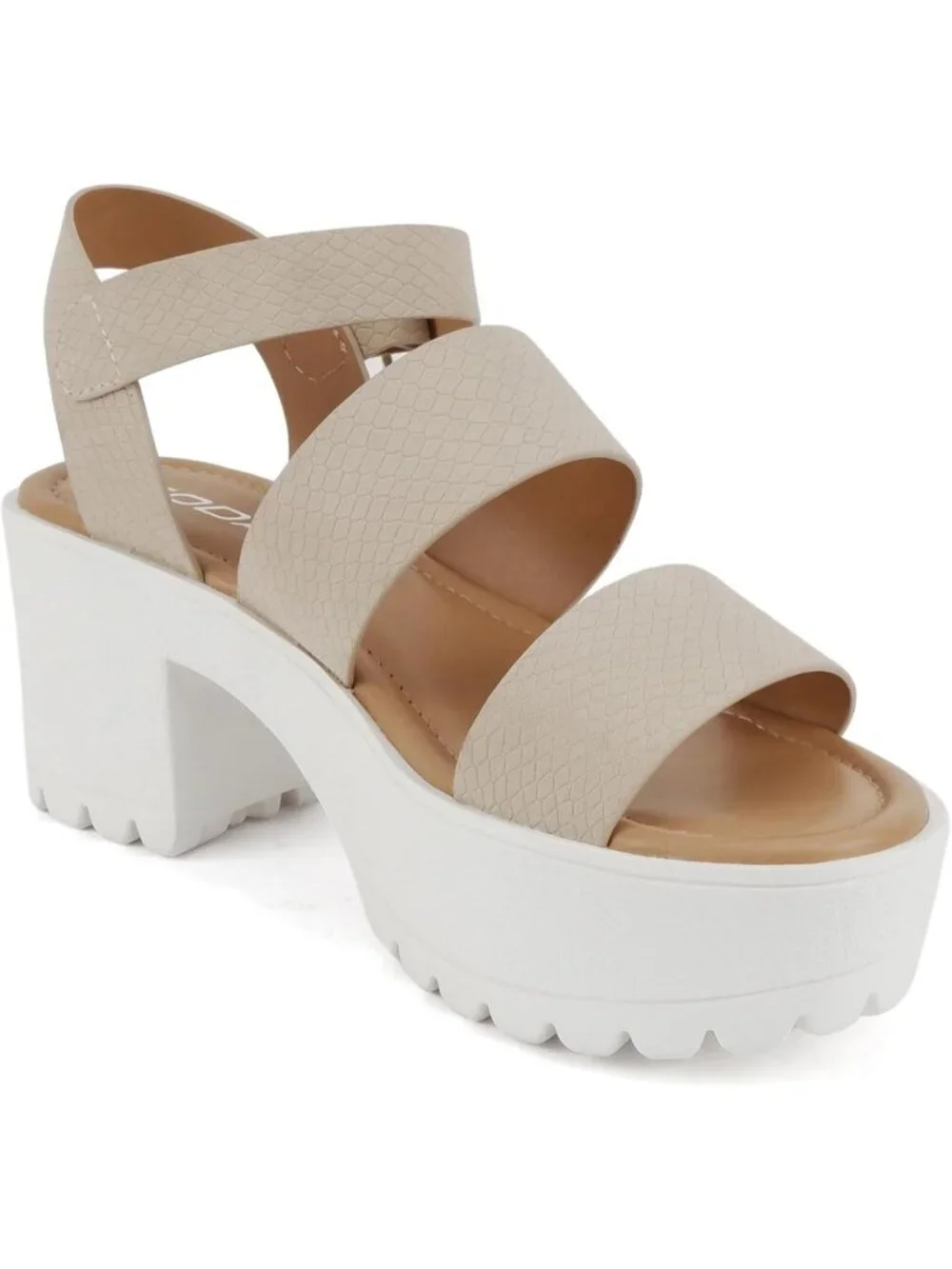 Women Nude Cobra Two Bands Lug Sole Open Toe Adjustable Block Heel Sandal Shoes